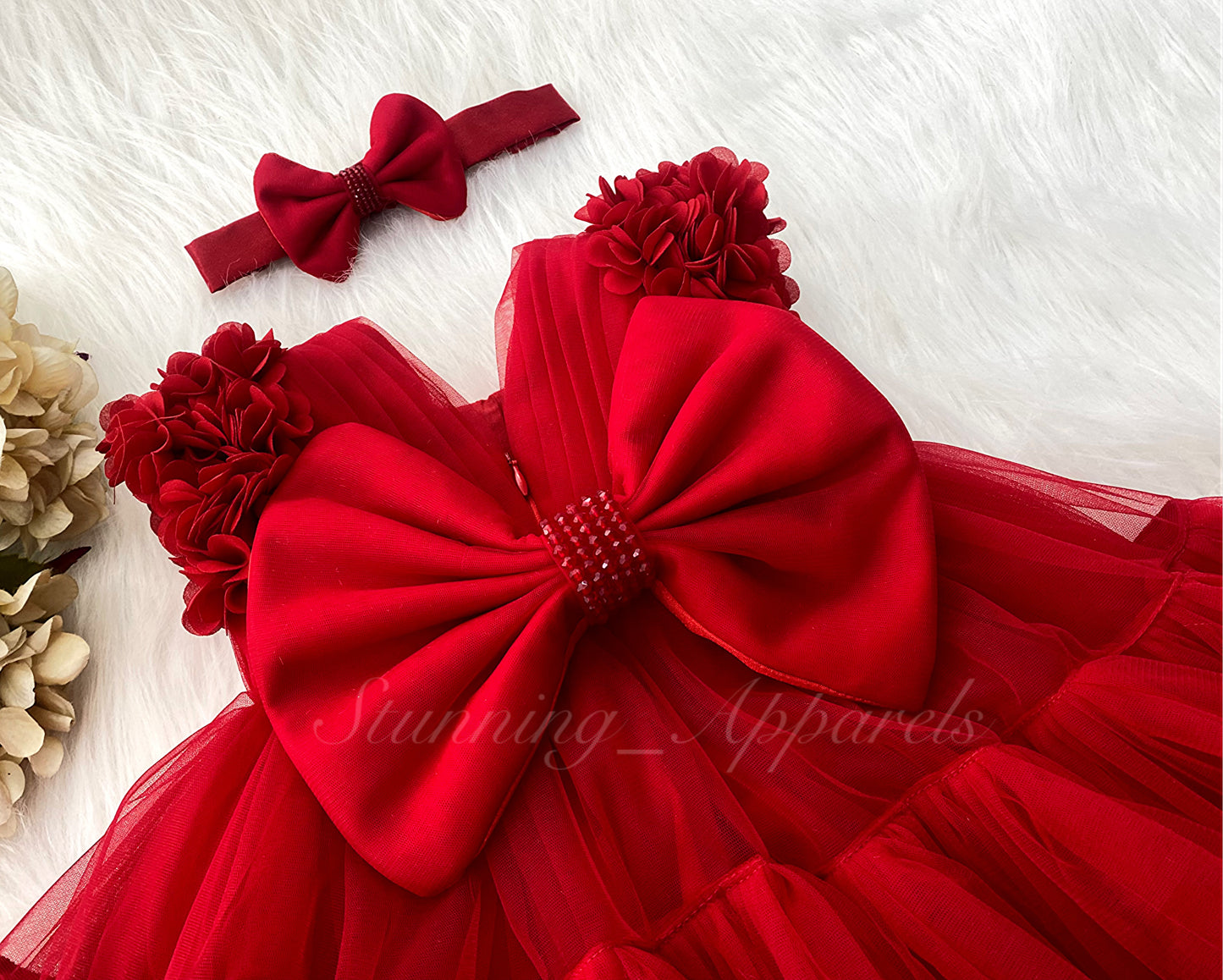 Beautiful  Cape Sleeves Flower Work Ruffled Red Frock