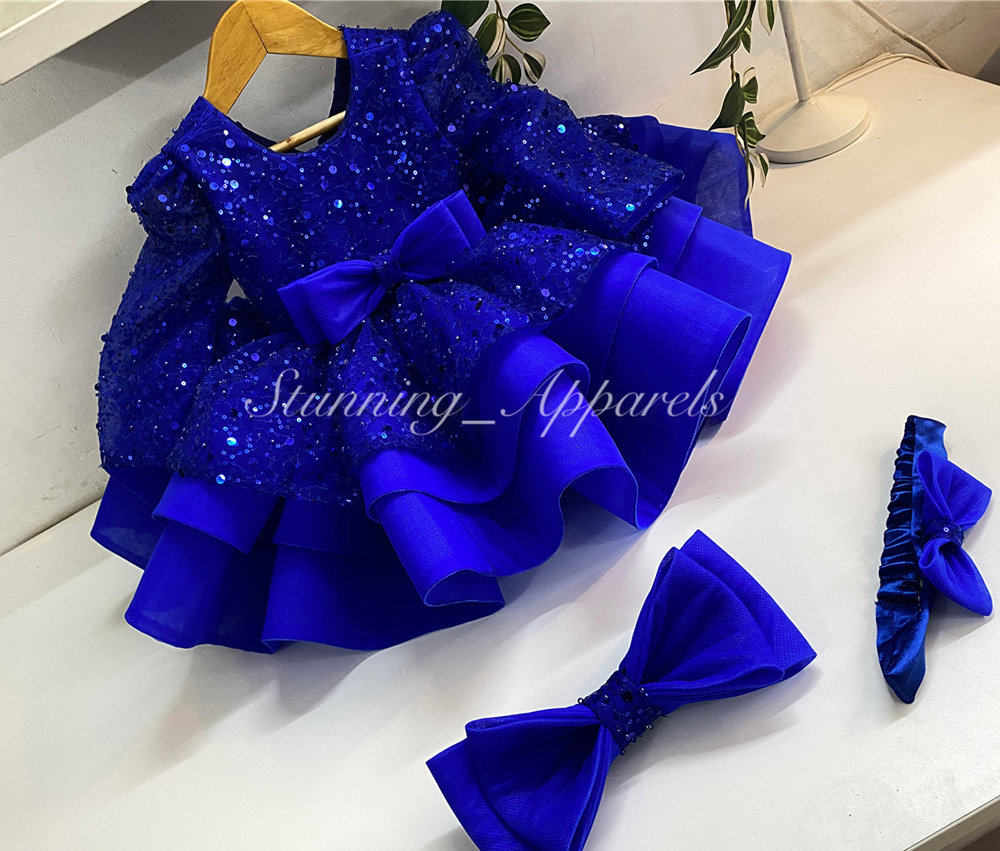 Designer Premium Long Sleeves Beads Sequins Royal Blue Dress