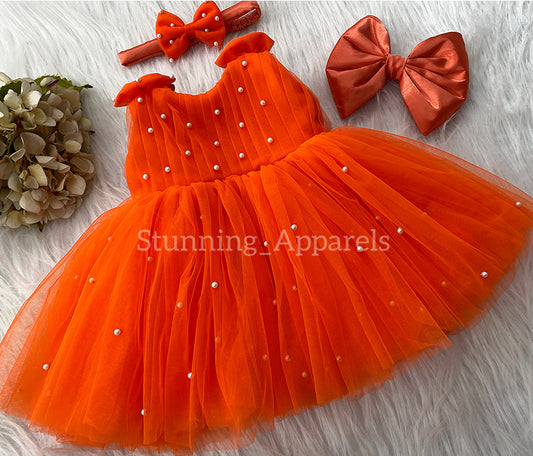 Shoulder Bow White Pearls Work Orange Frock