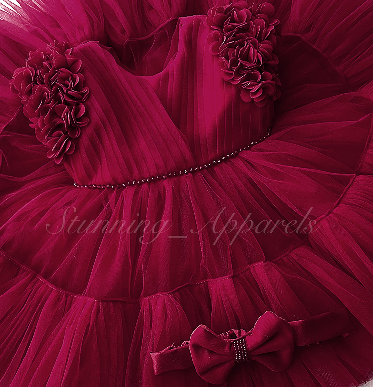 Beautiful Cape Sleeves Flower Work Ruffled Ruby Red Frock