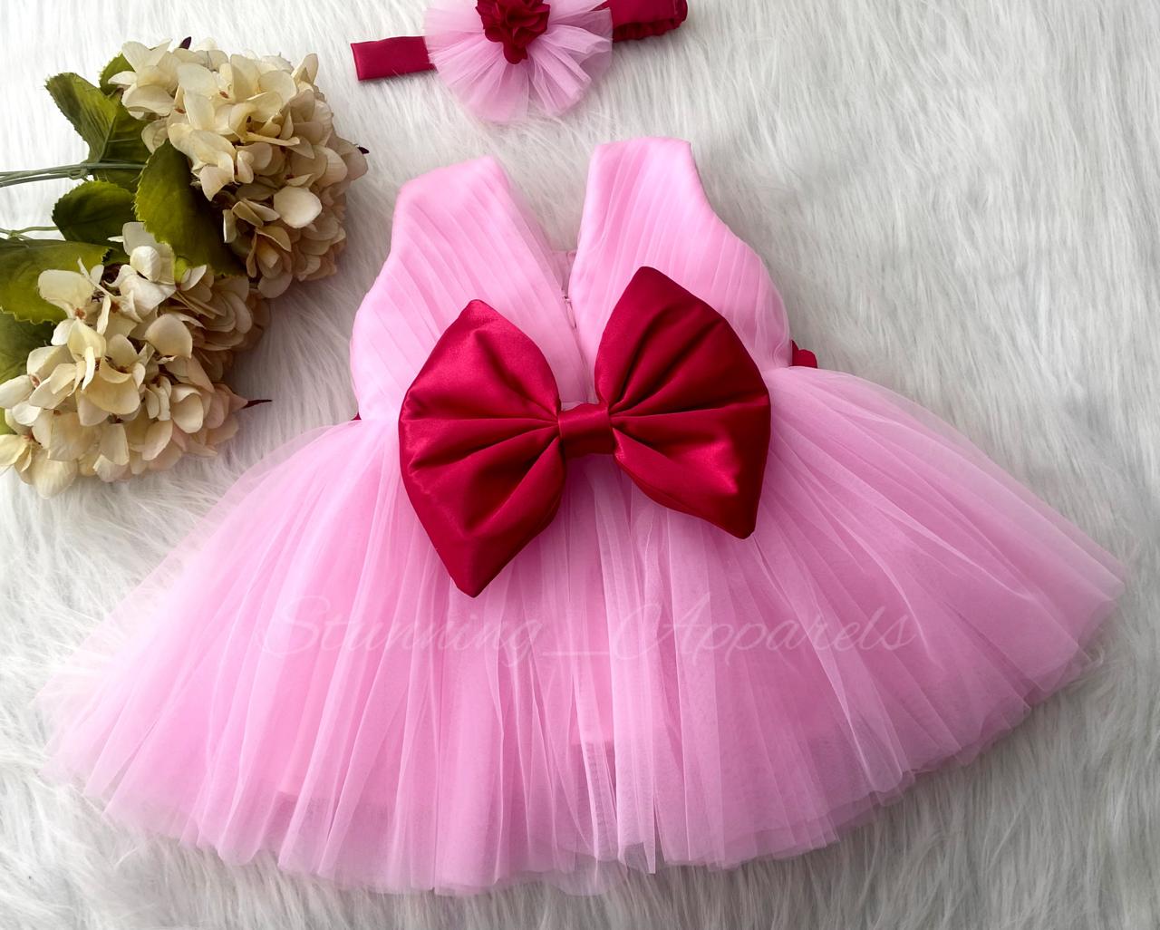 Waist Line Magenta Flower Work Baby Pink Frock