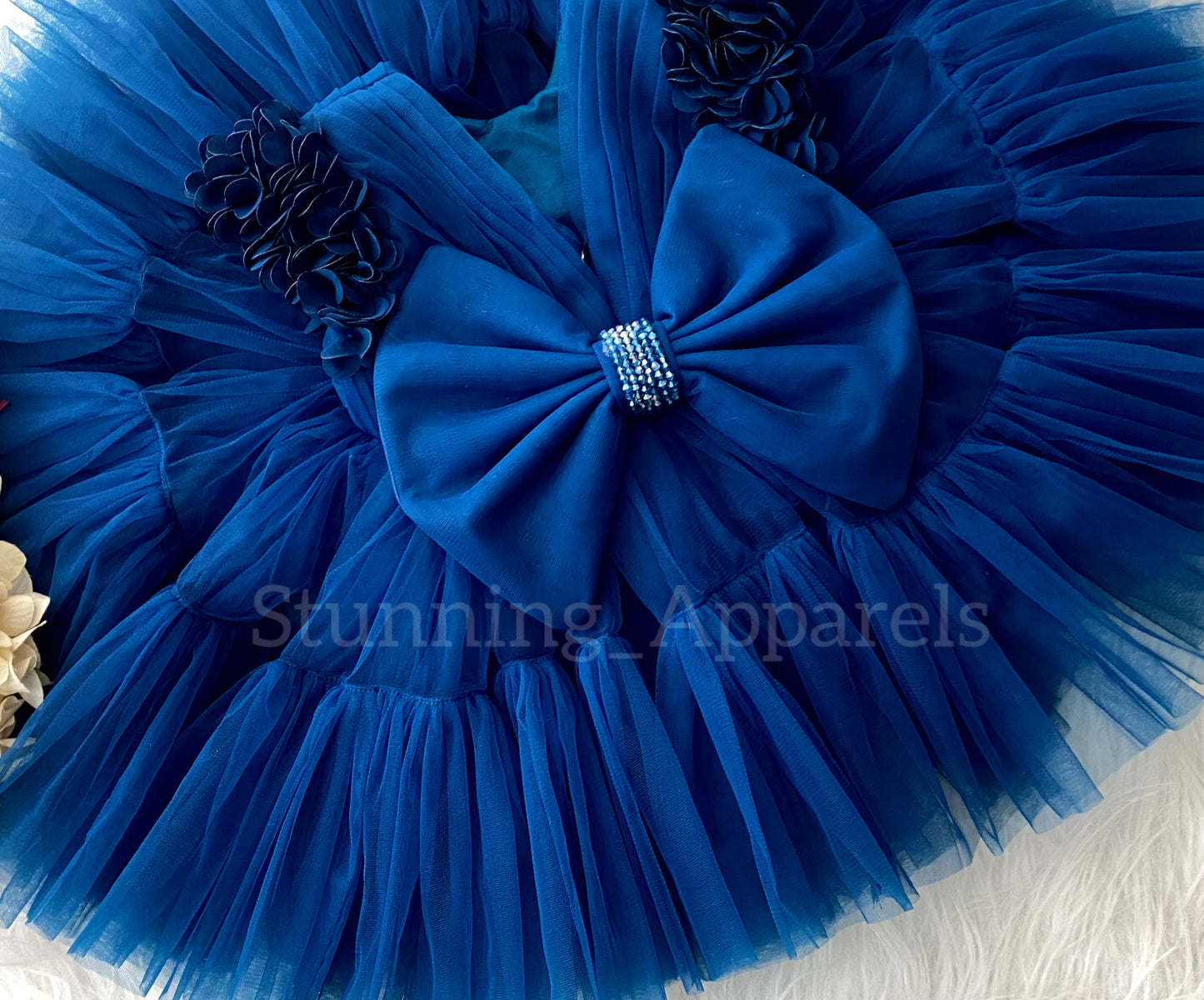Beautiful Cape Sleeves Flower Work Ruffled Teal Blue Frock