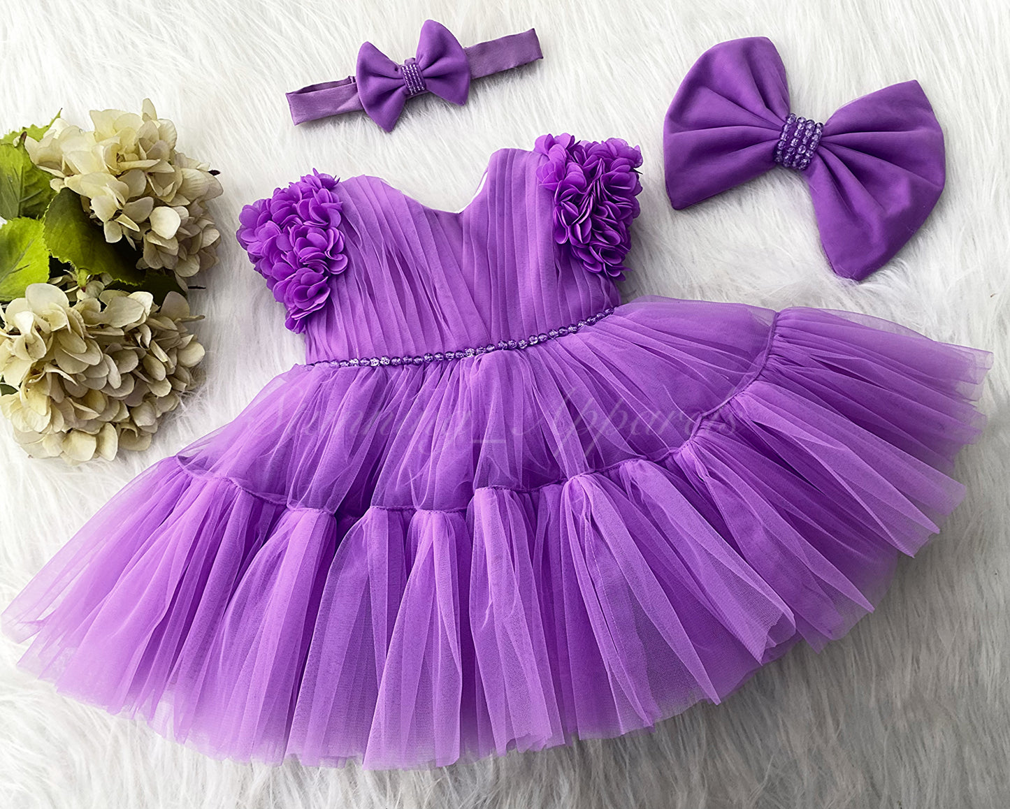 Beautiful Cape Sleeves Flower Work Ruffled Lavender Frock