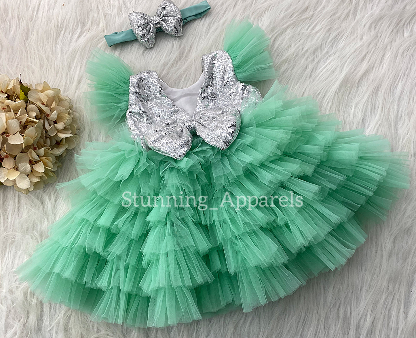 Silver Sequins Bow Stylish Layered Sea Green Frock