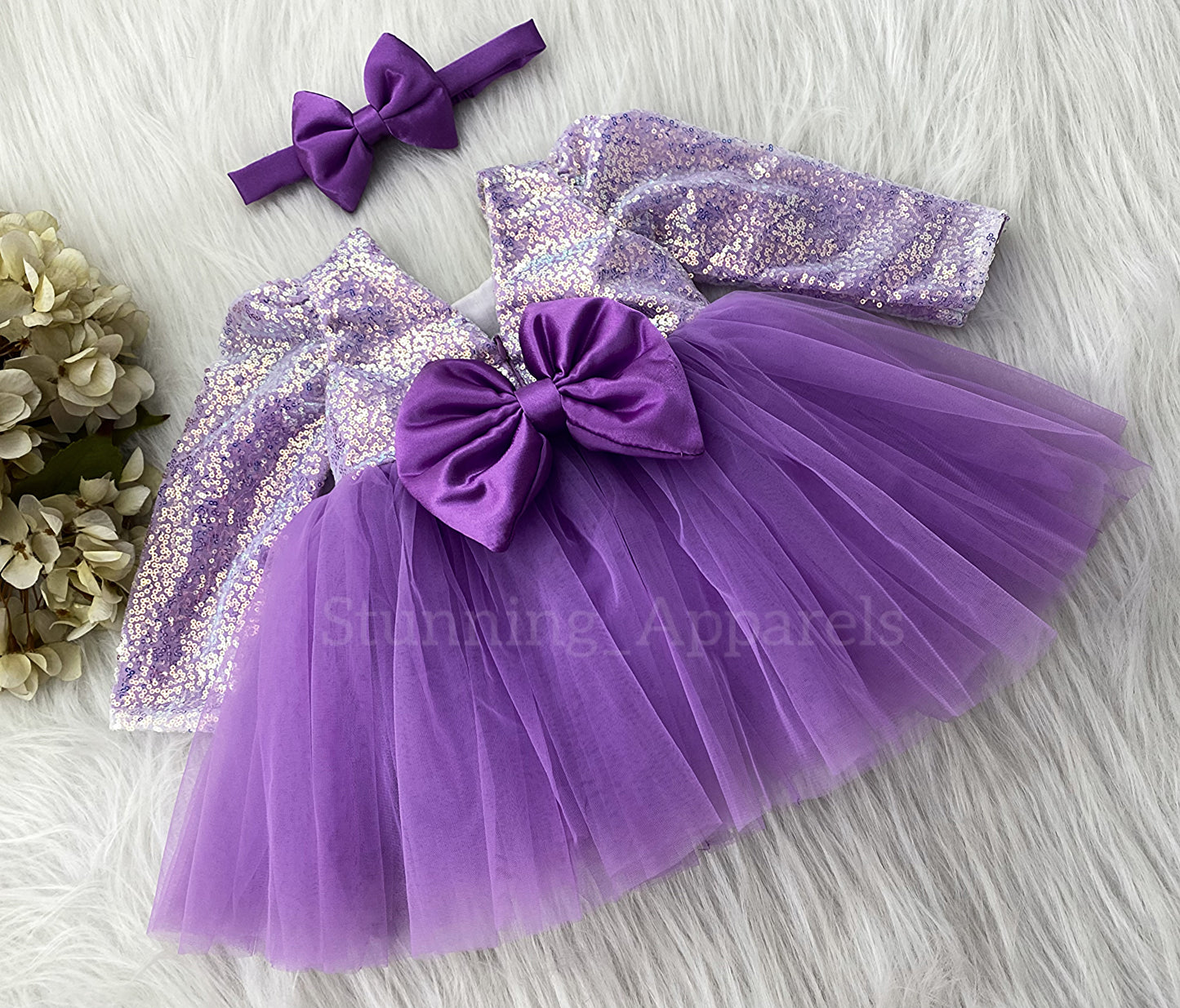 Stylish Long Sleeves Satin Bow Party Wear Lavender Frock