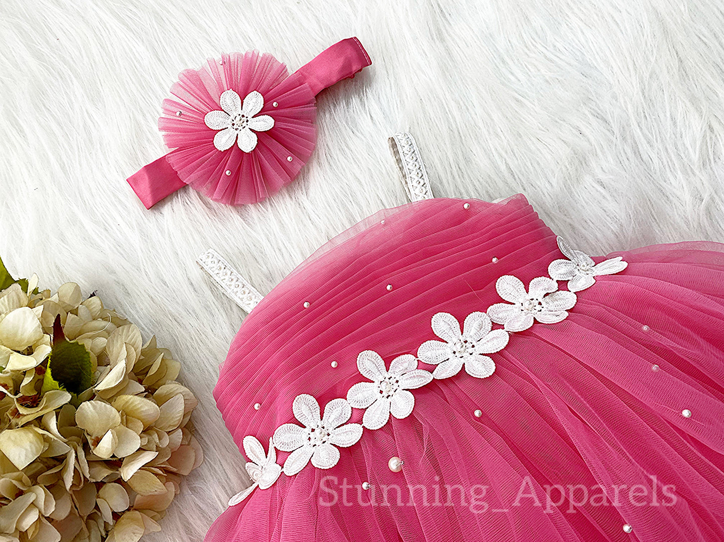 White Flower Work Party Wear Flemingo Pink Dress