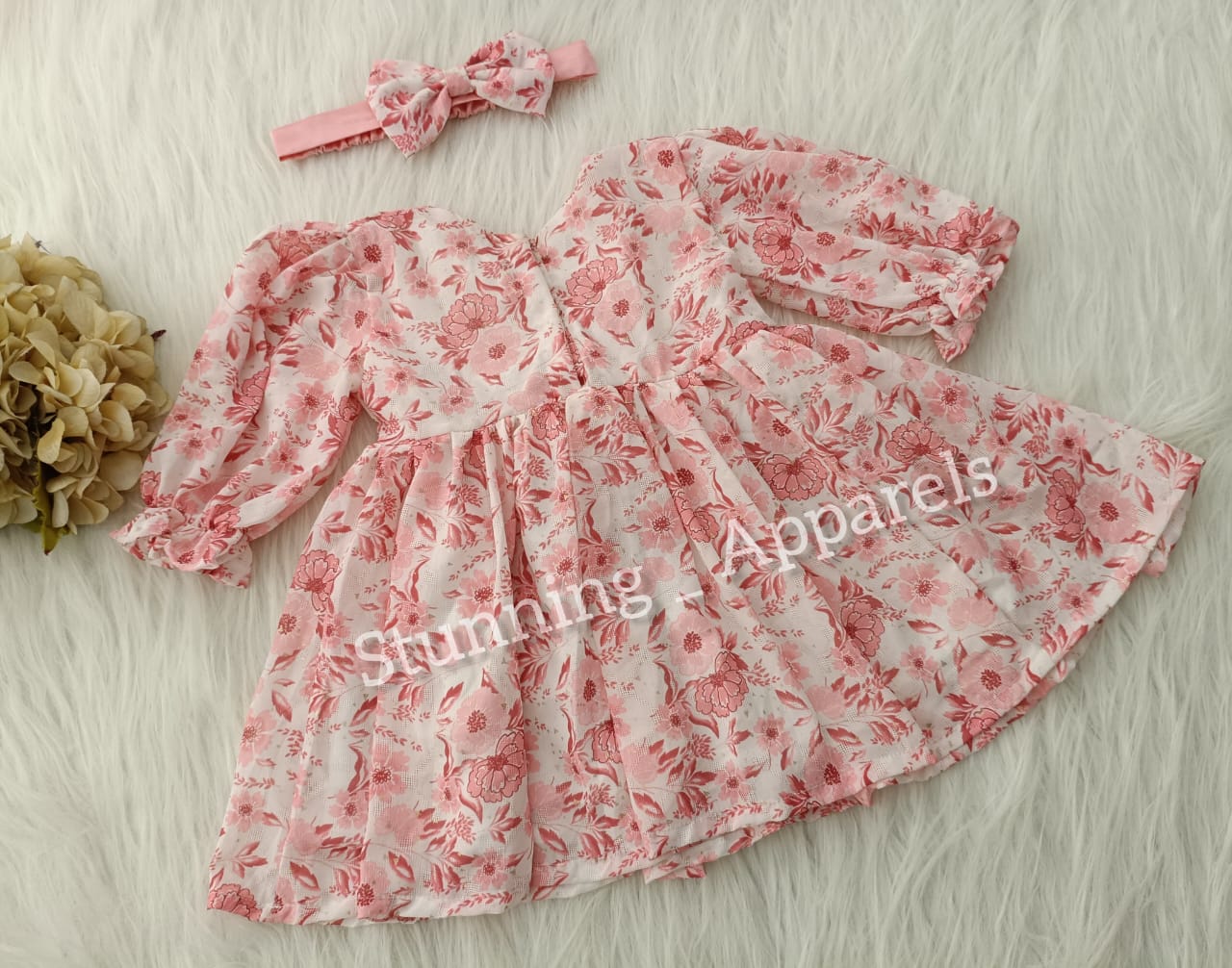 Stylish Long sleeves printed casual Peach frock