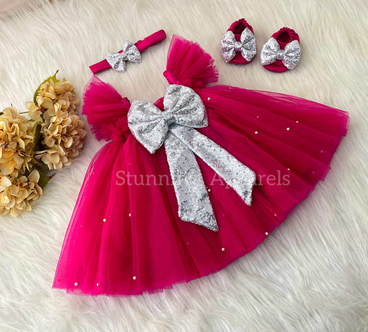 Silver Sequins Bow Party Wear Magenta Pink Umbrella Dress