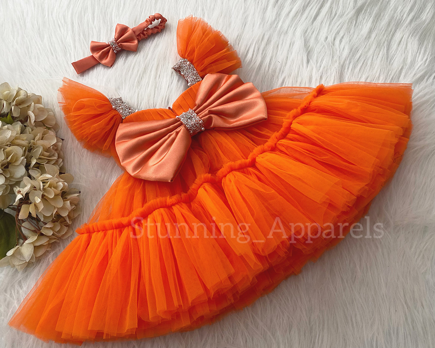Designer Sweetheart Neckline Hand Work Orange Frock