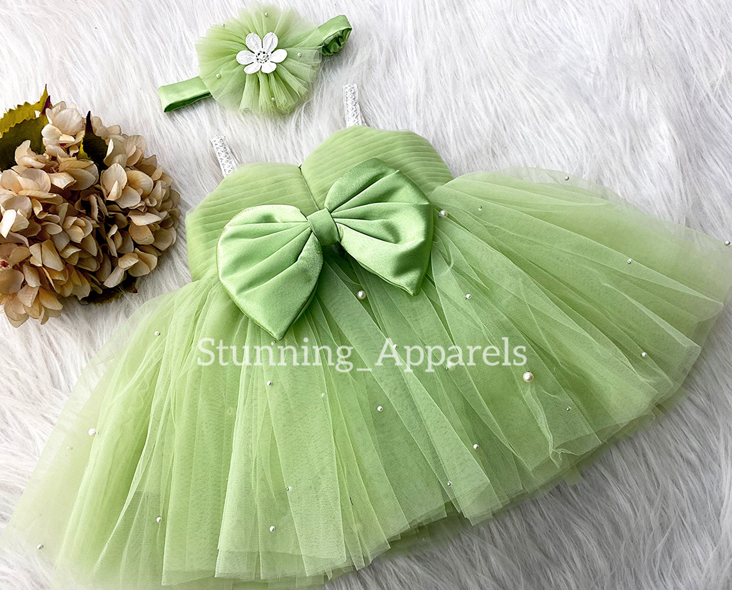 White Flower Work Party Wear Pista Green Dress