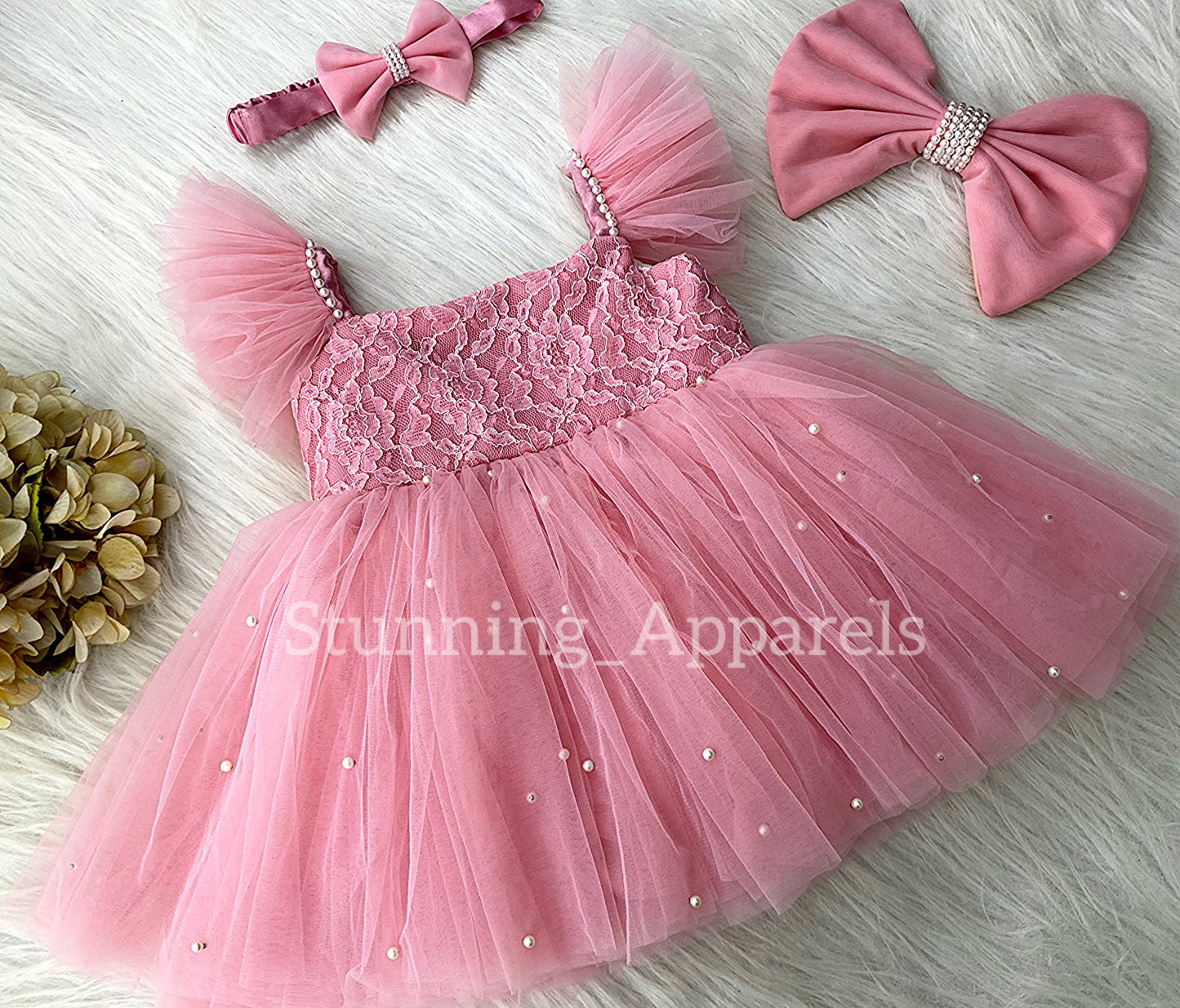 White Pearls Work Strapped Sleeves Peach Dress