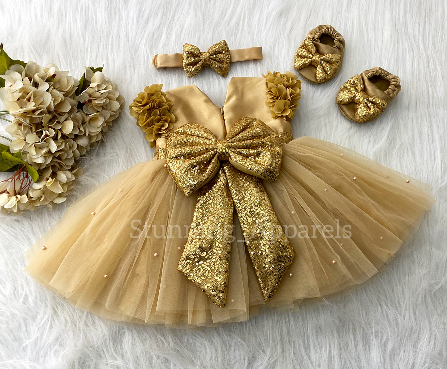 Golden Sequins Bow Party Wear Golden Dress