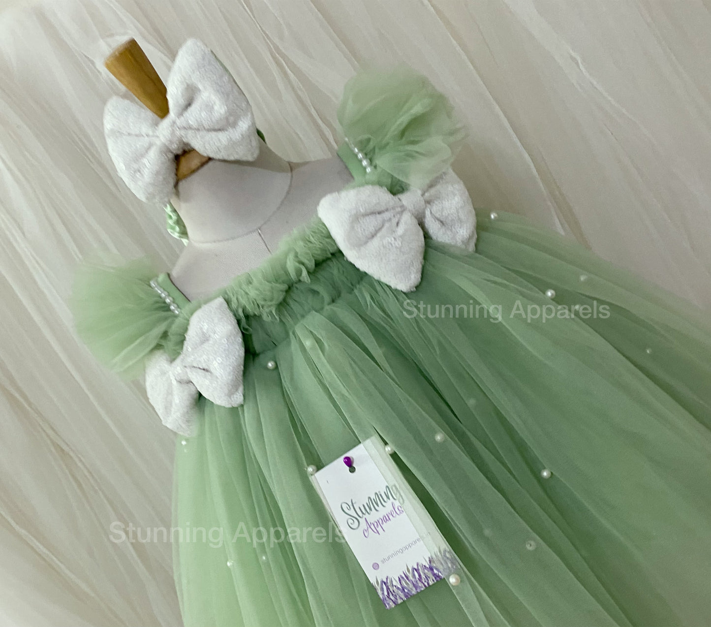 Ruffled Sleeves Strapped  Sequins Bow Party Wear Pista Green Umbrella Dress