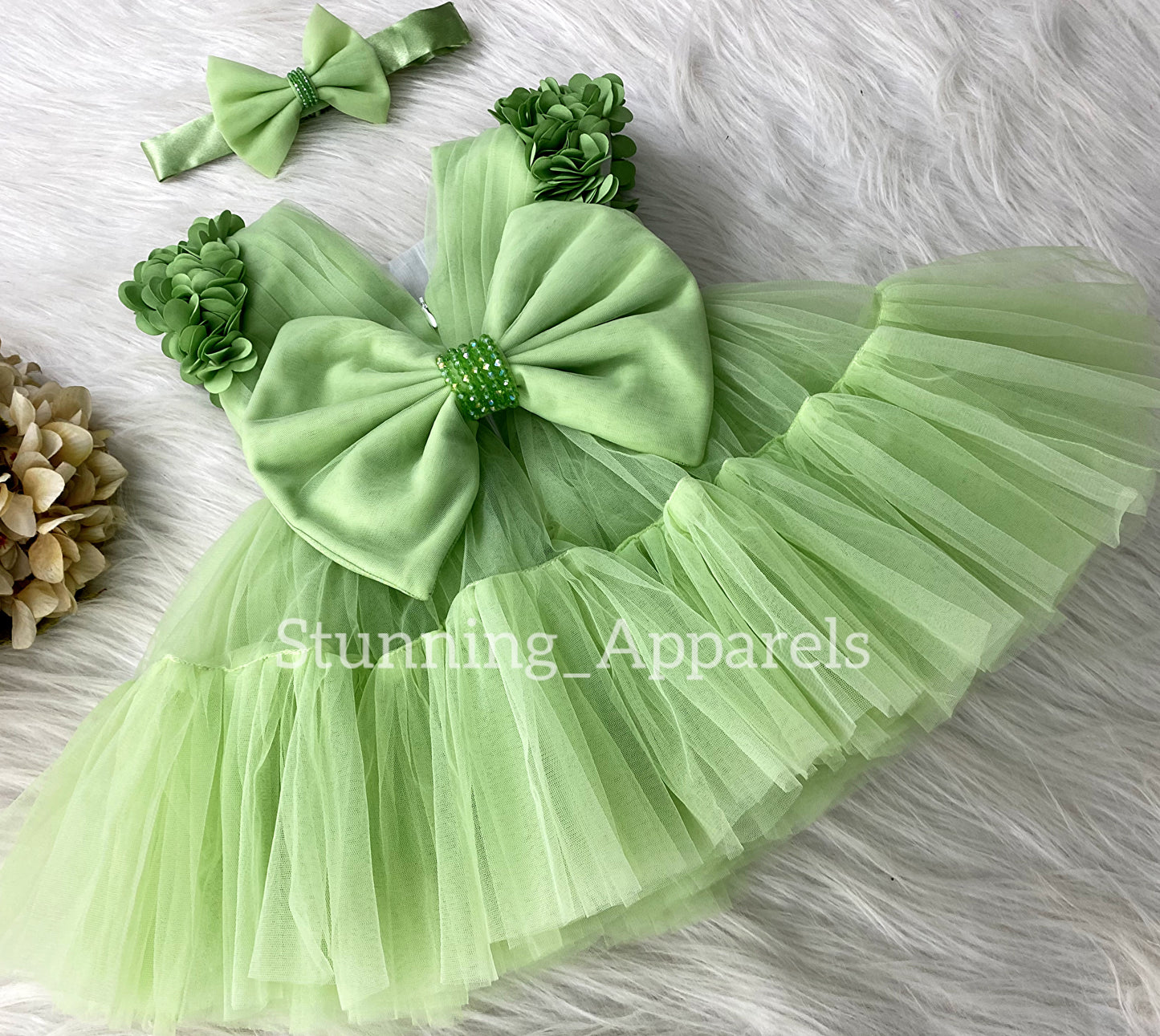 Beautiful Cape Sleeves Flower Work Ruffled Pista Greesn Frock