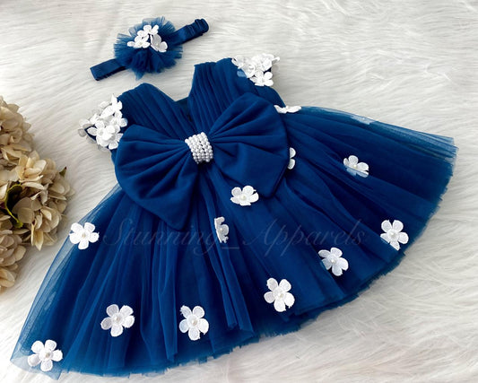 Cute White Flower Work Cape Sleeves Teal Blue Frock