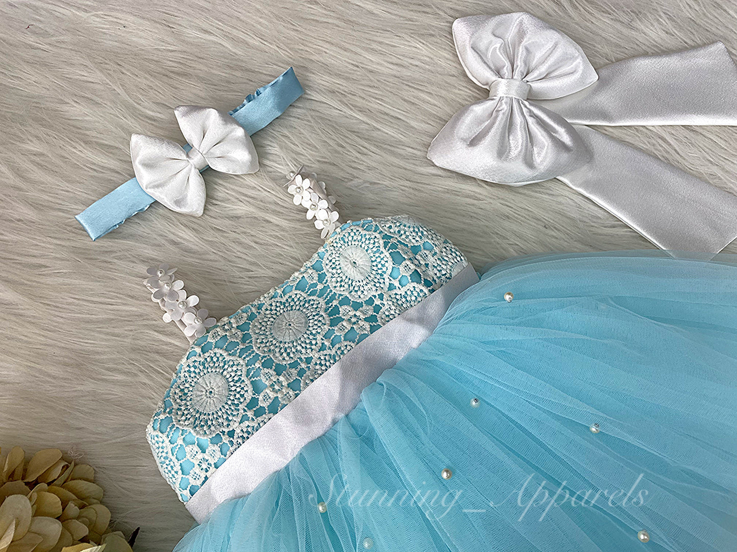 Cute White Flower Strapped Sky Blue Dress
