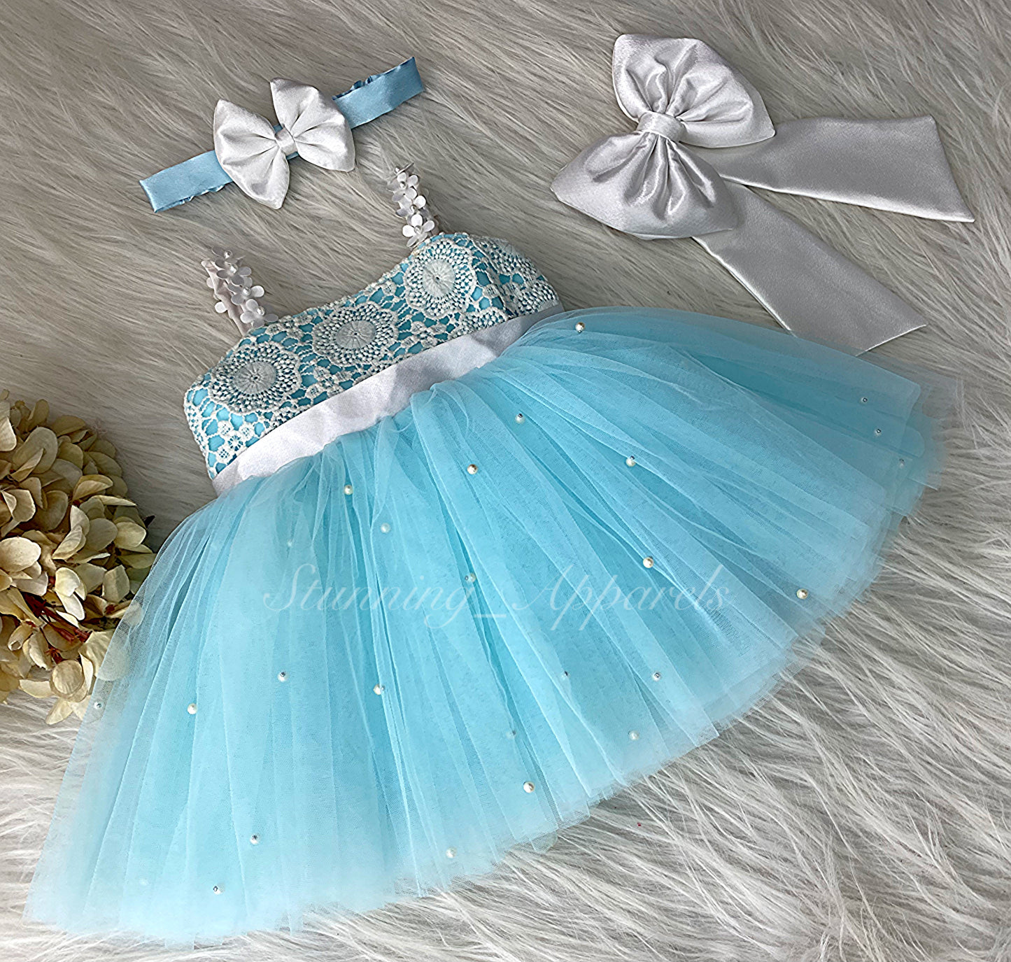 Cute White Flower Strapped Sky Blue Dress
