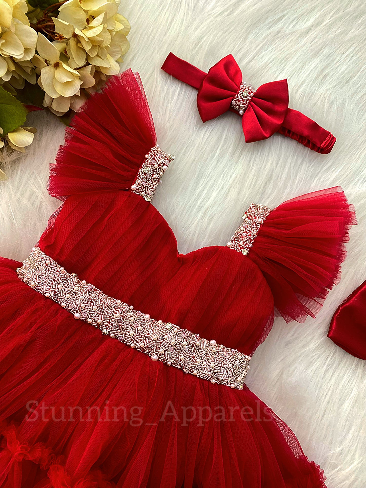 Designer Sweetheart Neckline Hand Work Red Frock
