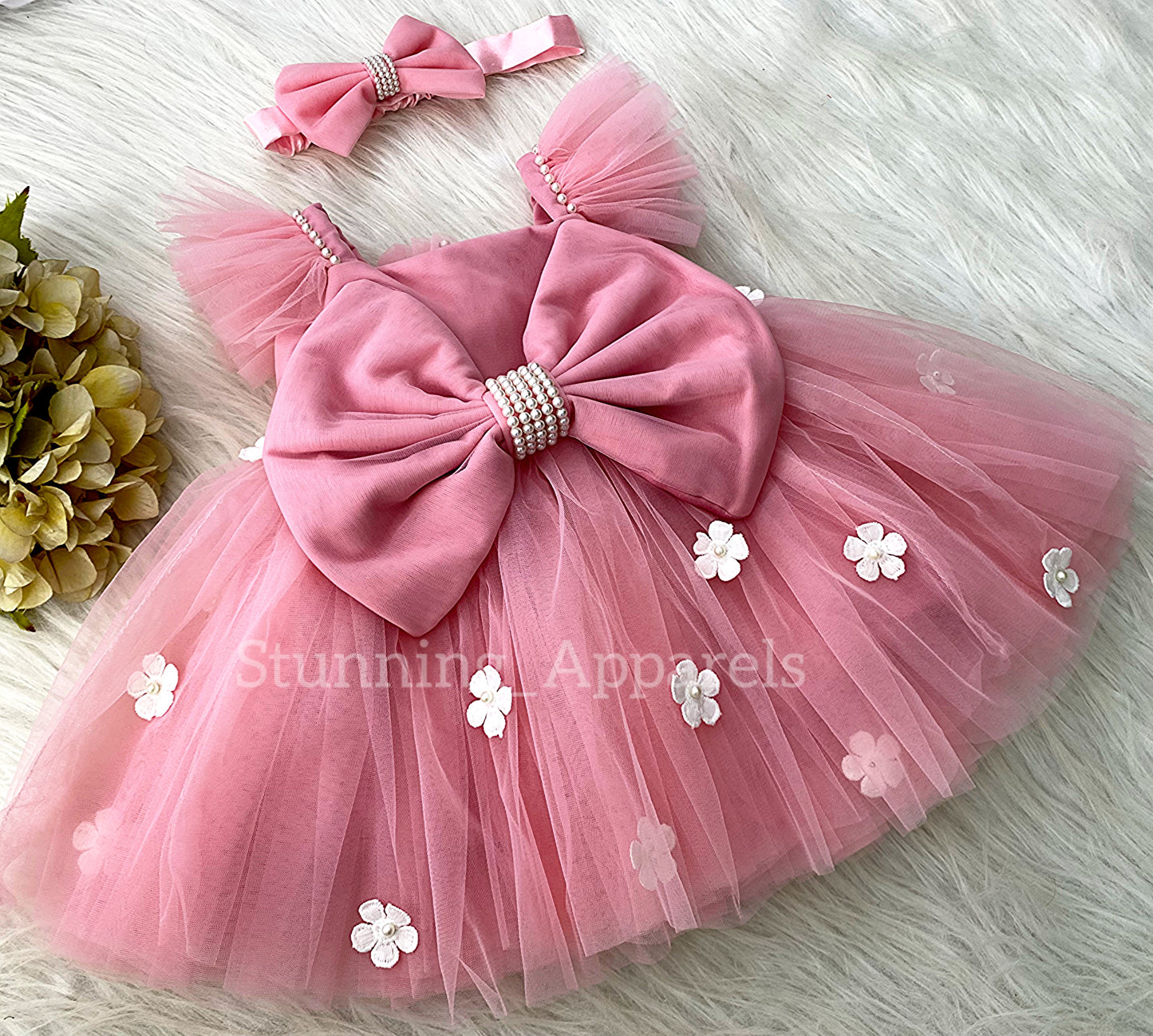 White Flower Work Strapped Sleeves Peach Frock