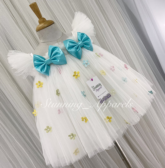 Multi Colour Flower Work, Sky Blue Satin Bow White Umbrella Dress