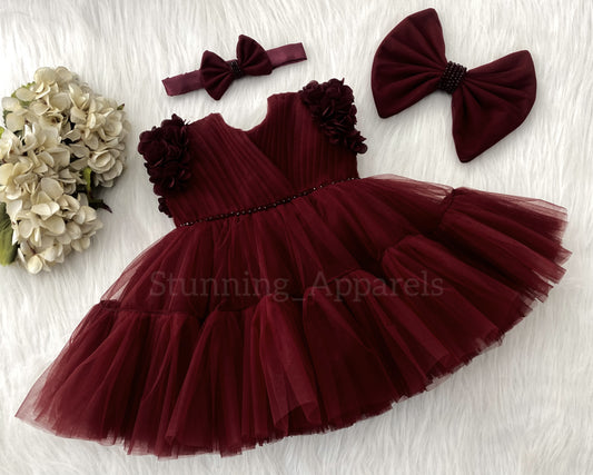 Beautiful Cape Sleeves Flower Work Ruffled Maroon Frock