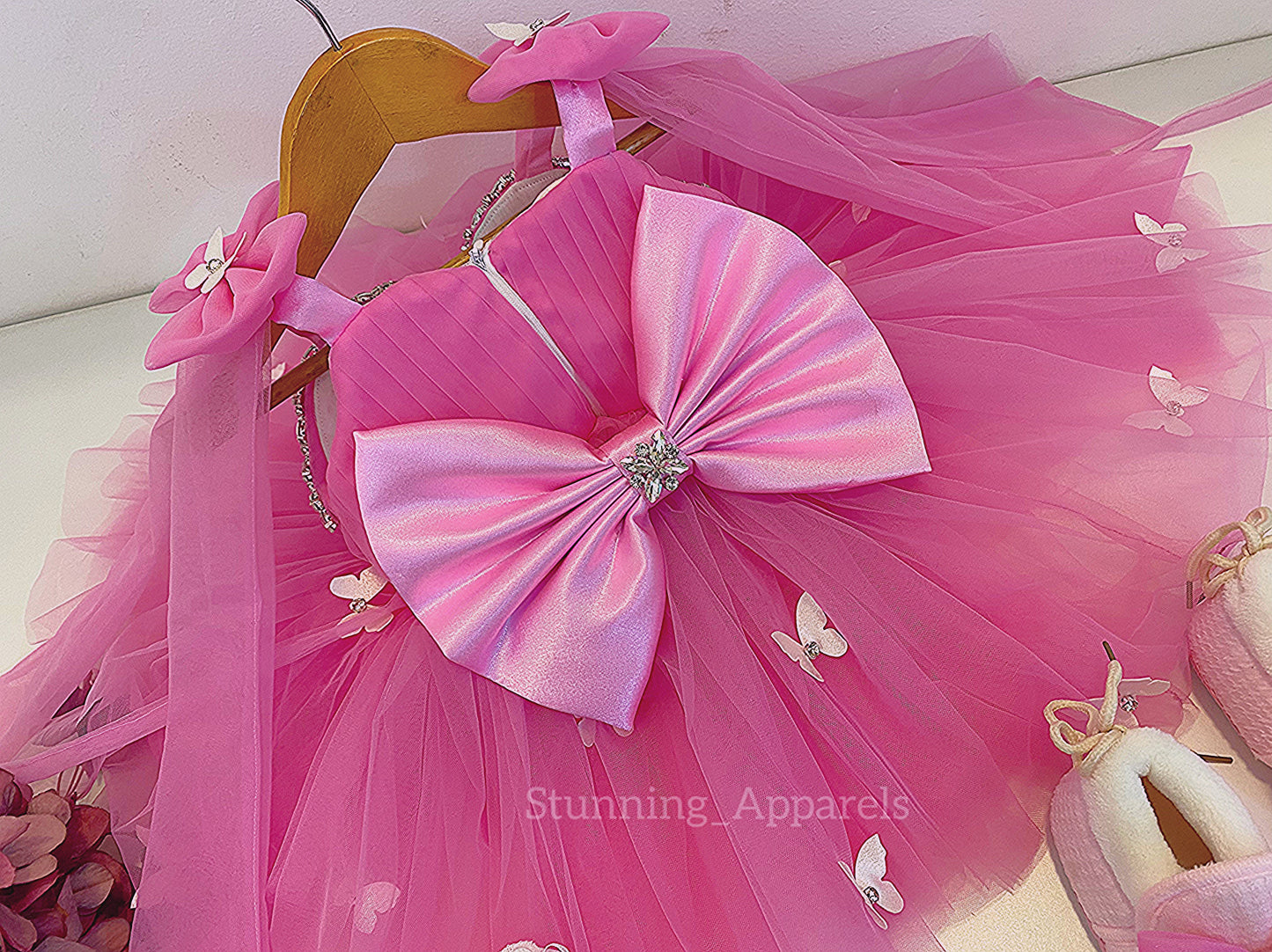 Designer Neckline Hand Work Butterfly Flamingo Pink Dress