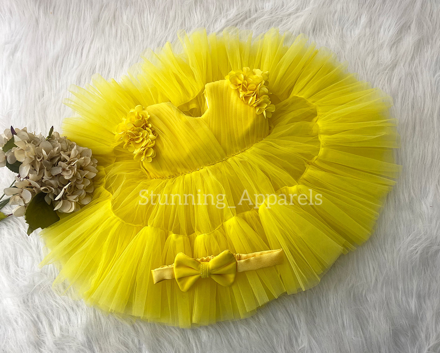 Beautiful Cape Sleeves Flower Work Ruffled Yellow Frock