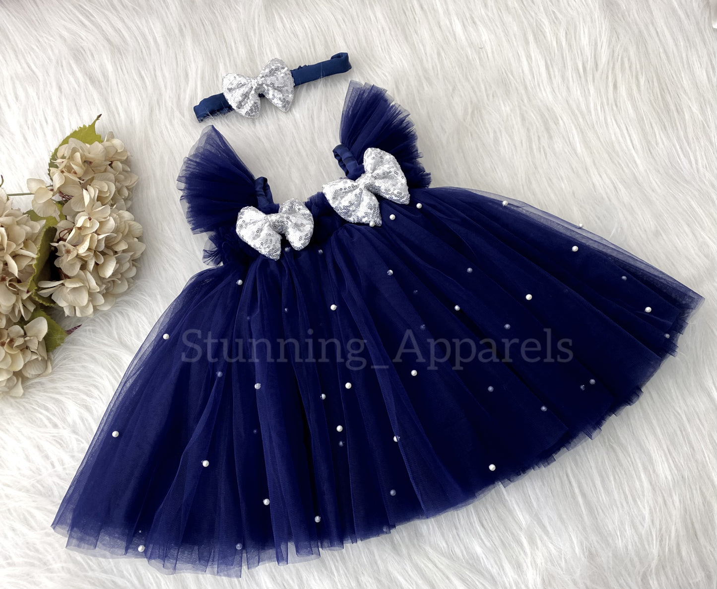 Silver Sequins Bow Party Wear Navy Blue Umbrella Dress