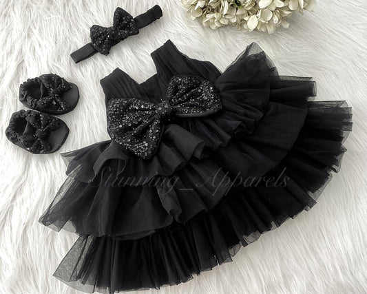 Three Layered Double Folded Stylish Black Frock