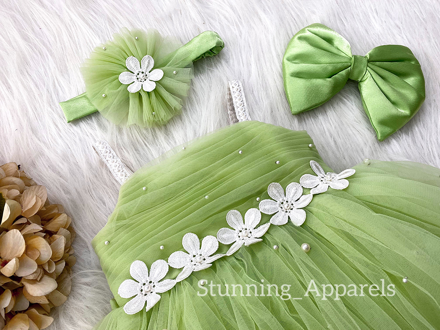 White Flower Work Party Wear Pista Green Dress