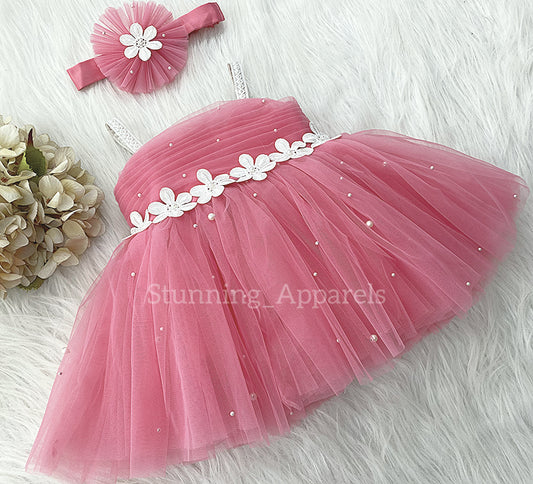 White Flower Work Party Wear Peach Dress