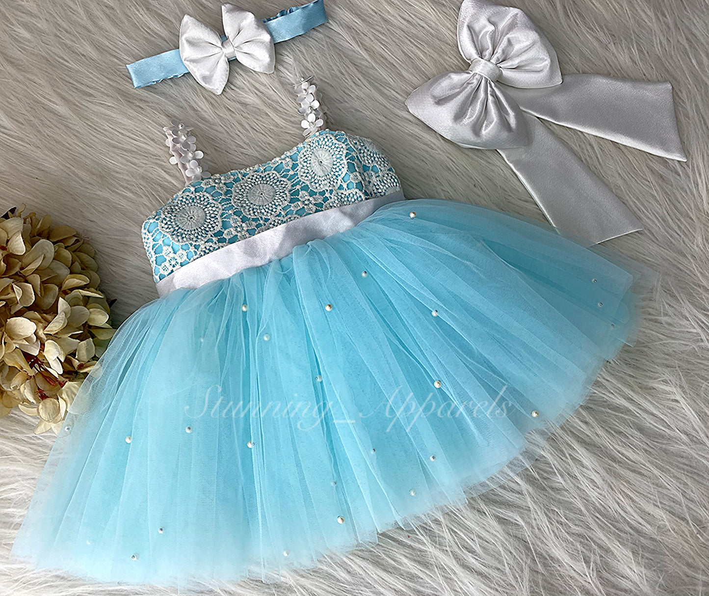 Cute White Flower Strapped Sky Blue Dress