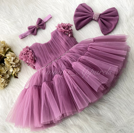 Beautiful Cape Sleeves Flower Work Ruffled Dusty Pink Frock