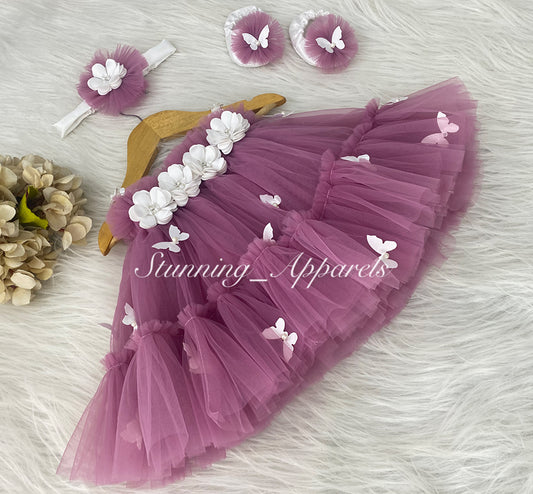 Butterfly Work Cute Party Wear Dusty Pink Umbrella Dress