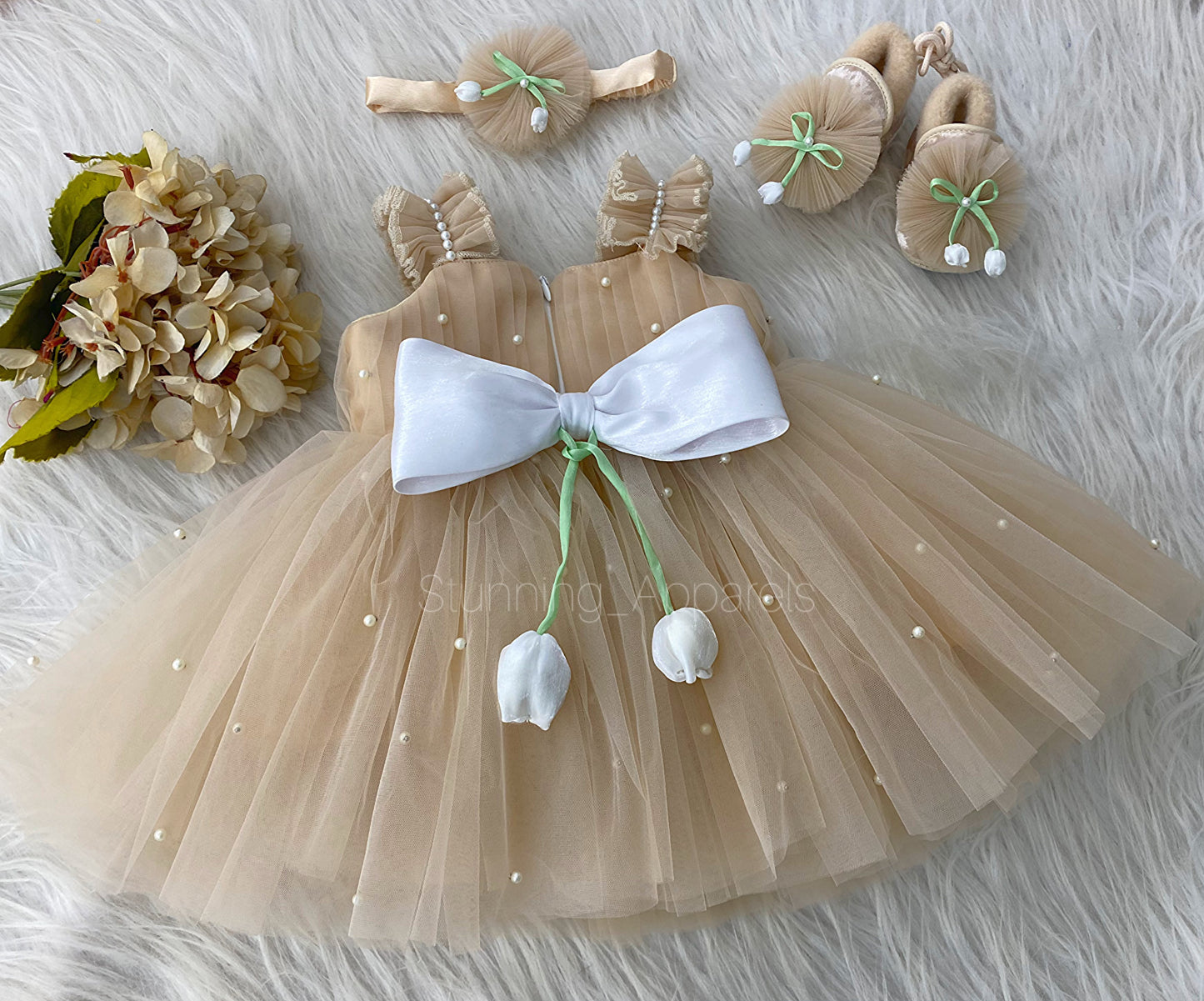 White Tulip Flower Work Party Wear Beige Colour Dress