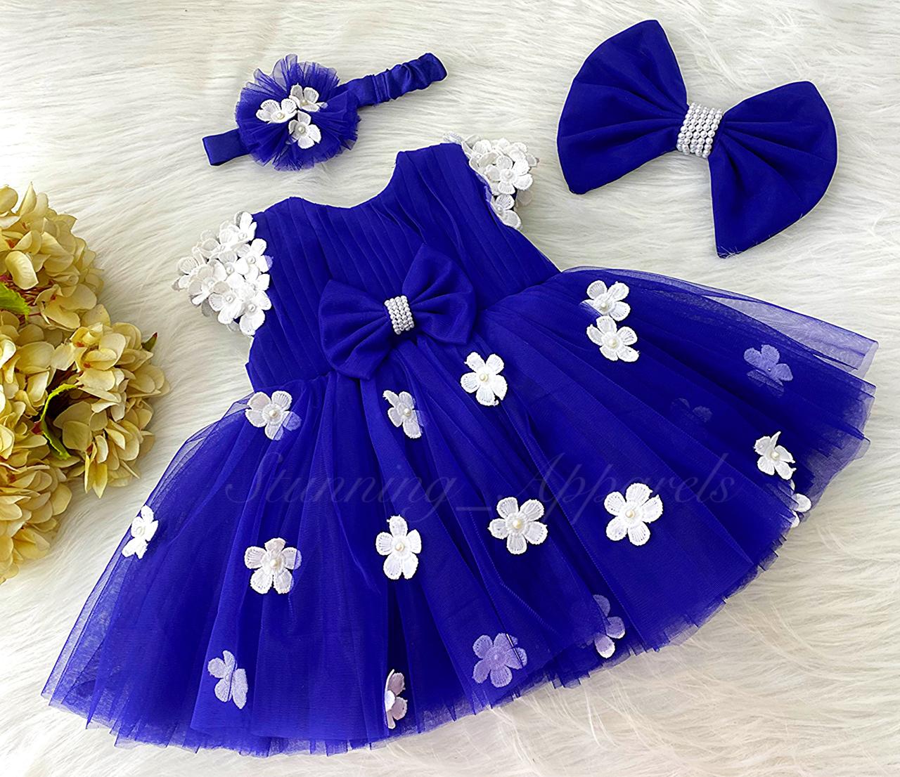 Cute White Flower Work Cape Sleeves Royal Blue Frock