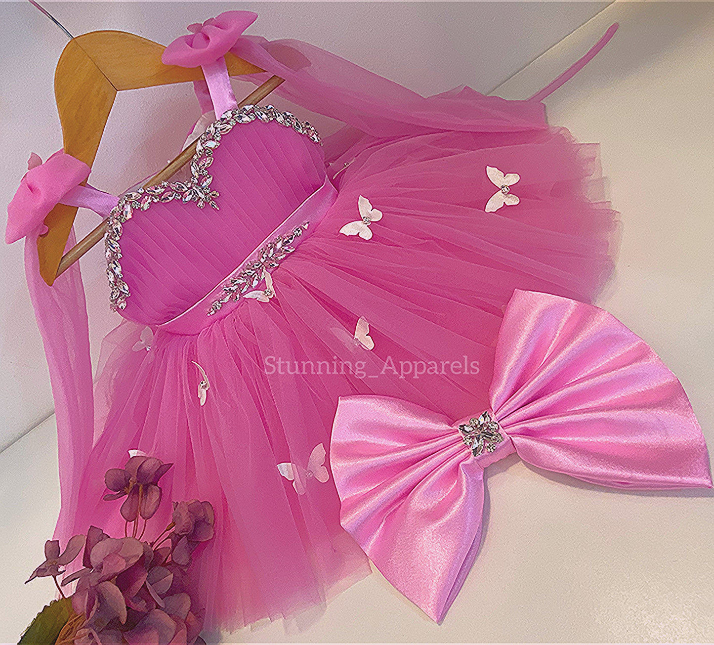 Designer Neckline Hand Work Butterfly Flamingo Pink Dress