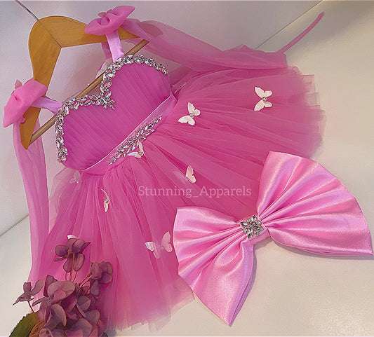 Designer Neckline Hand Work Butterfly Flamingo Pink Dress