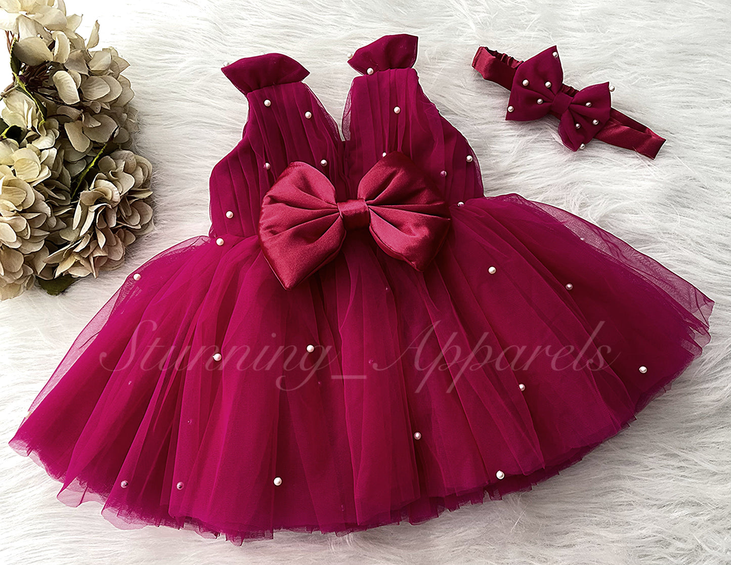 Shoulder Bow Pearls Work Ruby Red Frock
