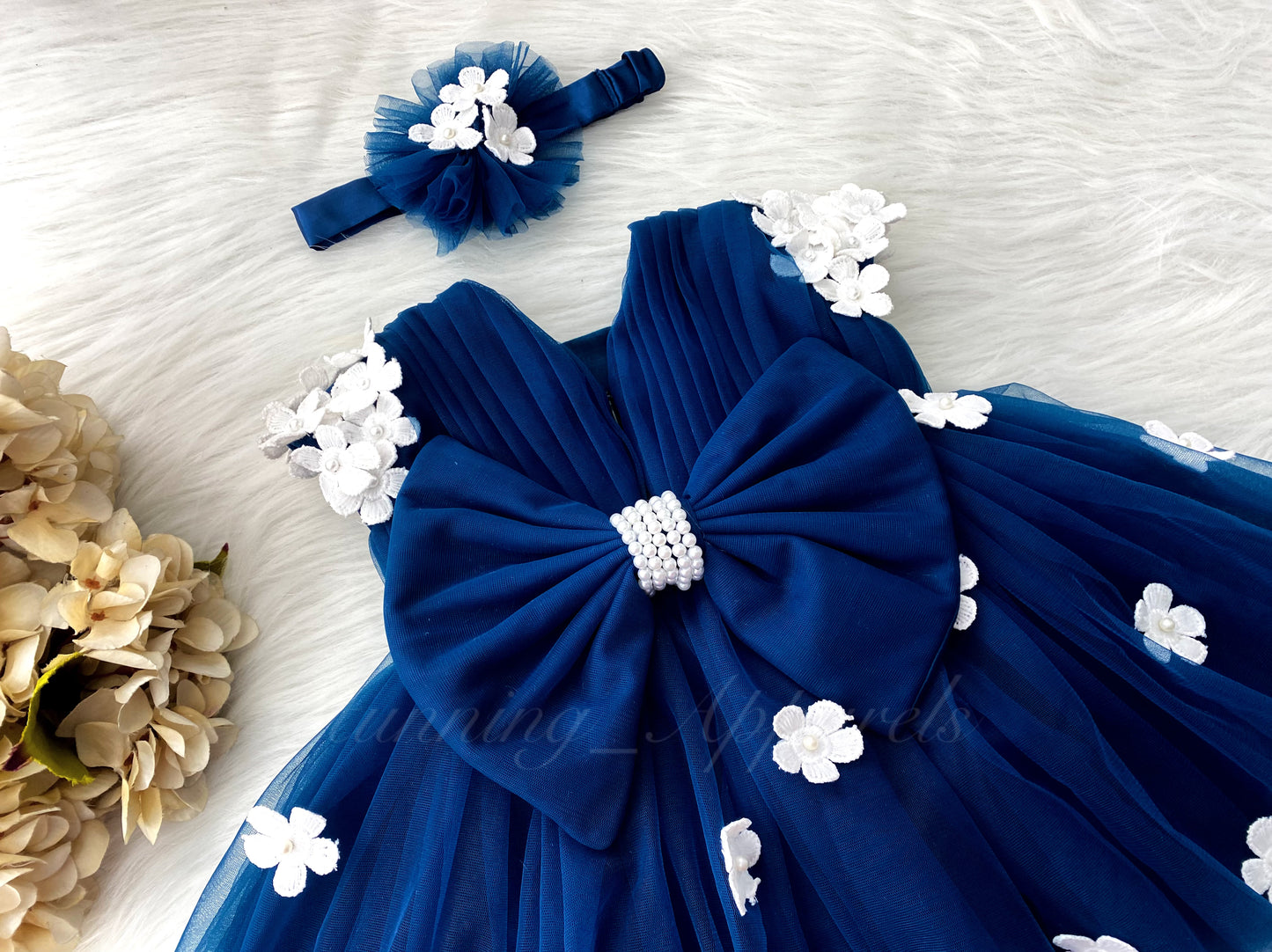 Cute White Flower Work Cape Sleeves Teal Blue Frock