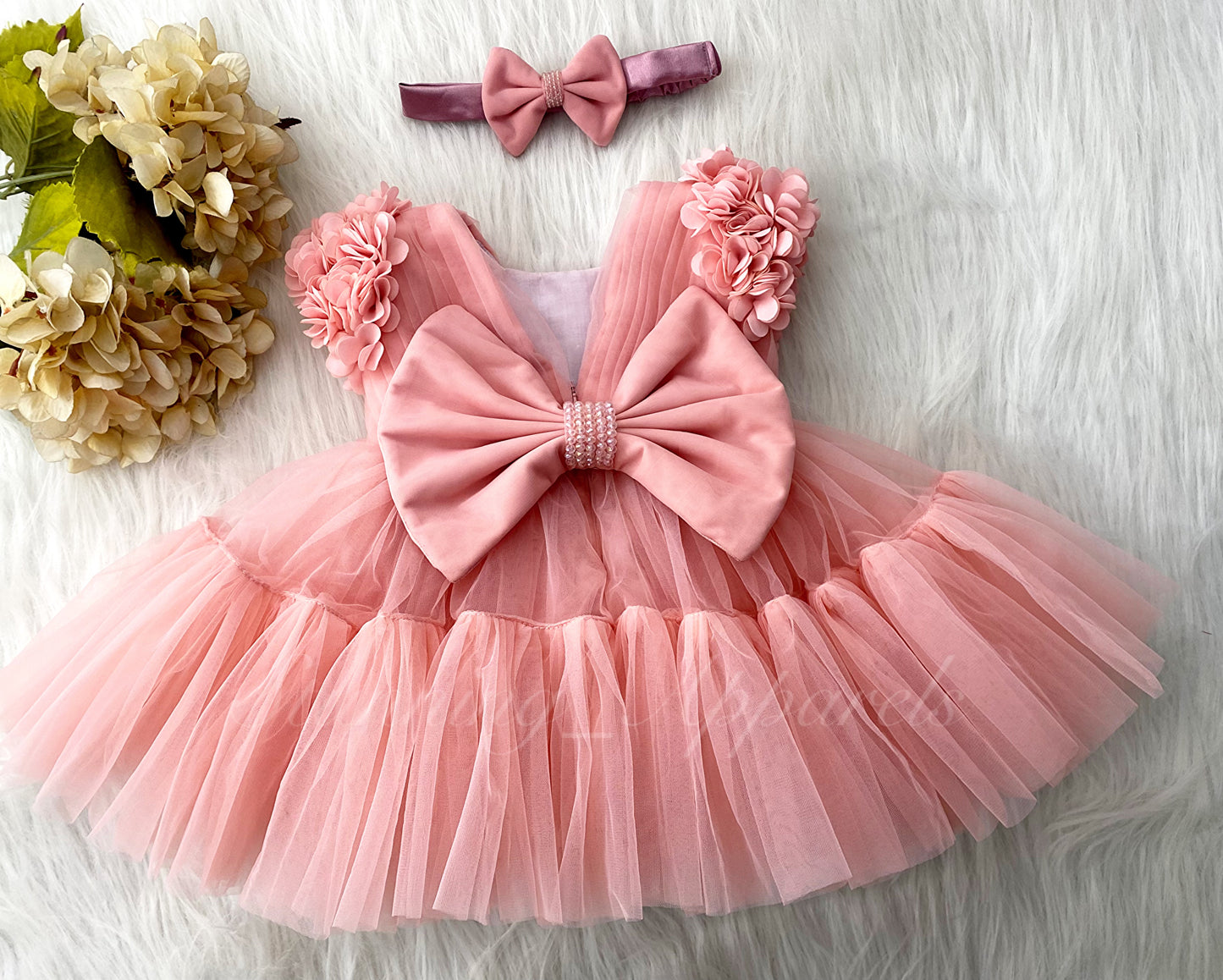 Beautiful Cape Sleeves Flower Work Ruffled Peach Frock