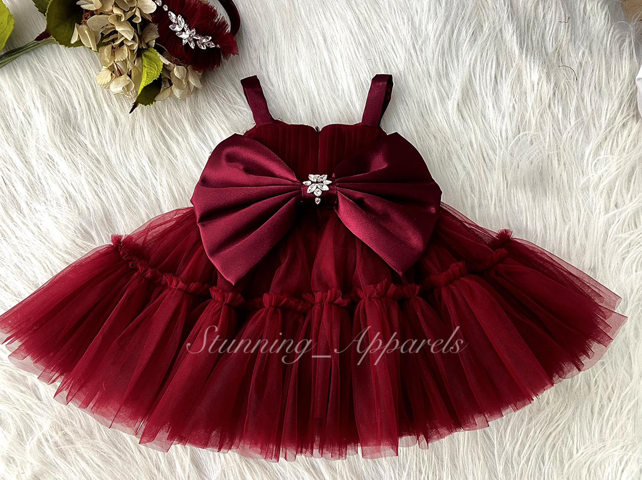 Designer Stone and Diamond Work Ruffled Maroon Dress