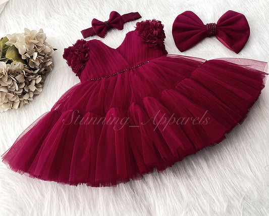 Beautiful Cape Sleeves Flower Work Ruffled Ruby Red Frock