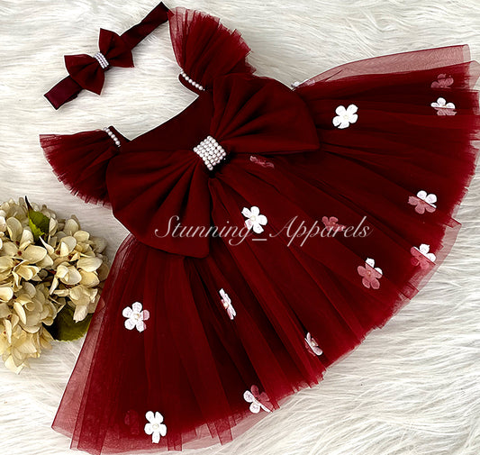 White Flower Work Strapped Sleeves Maroon Frock