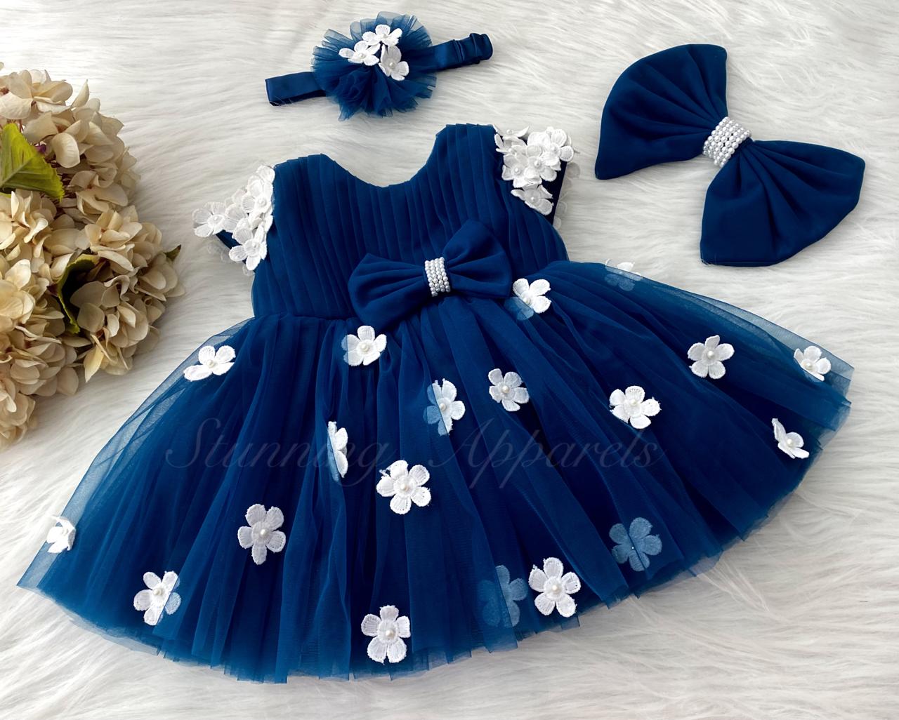 Cute White Flower Work Cape Sleeves Teal Blue Frock