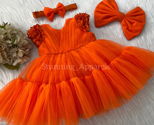 Beautiful Cape Sleeves Flower Work Ruffled Orange Frock