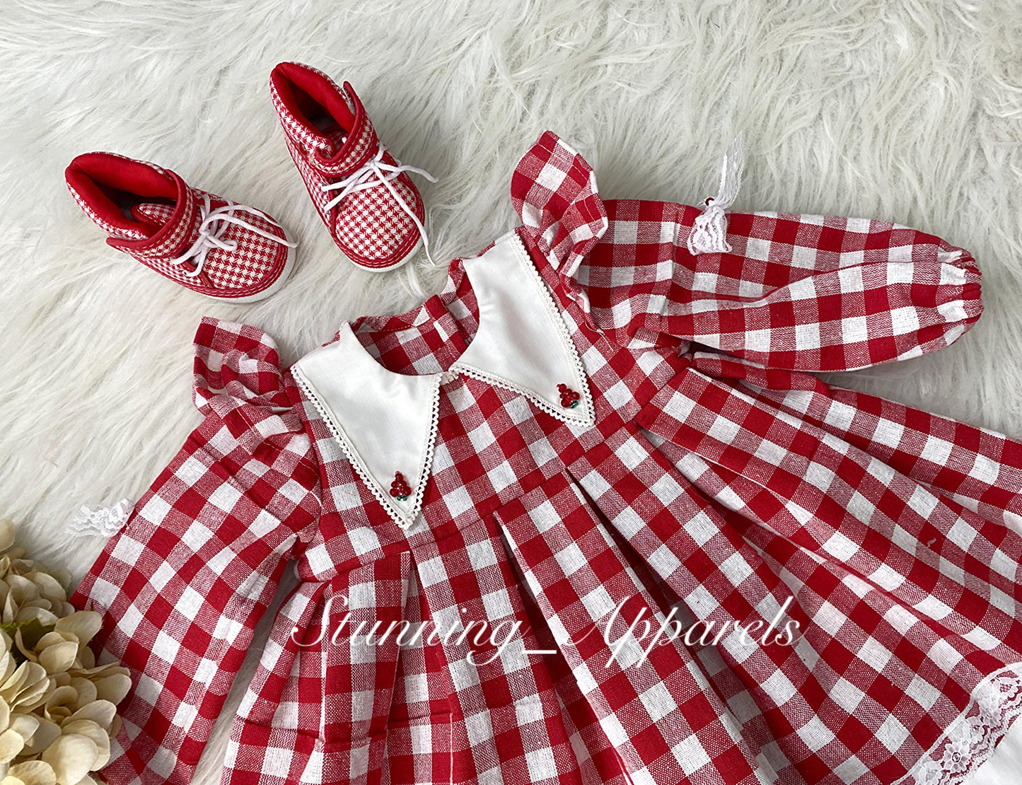 Stylish Long Sleeves Checks Printed Red Dress