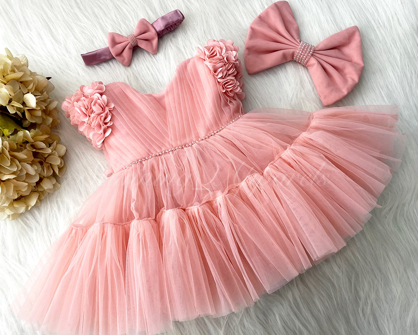 Beautiful Cape Sleeves Flower Work Ruffled Peach Frock