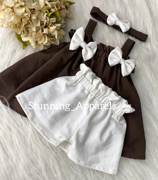 Cute Umbrella Brown Top With White Short Pant  Two Piece Casual Dress