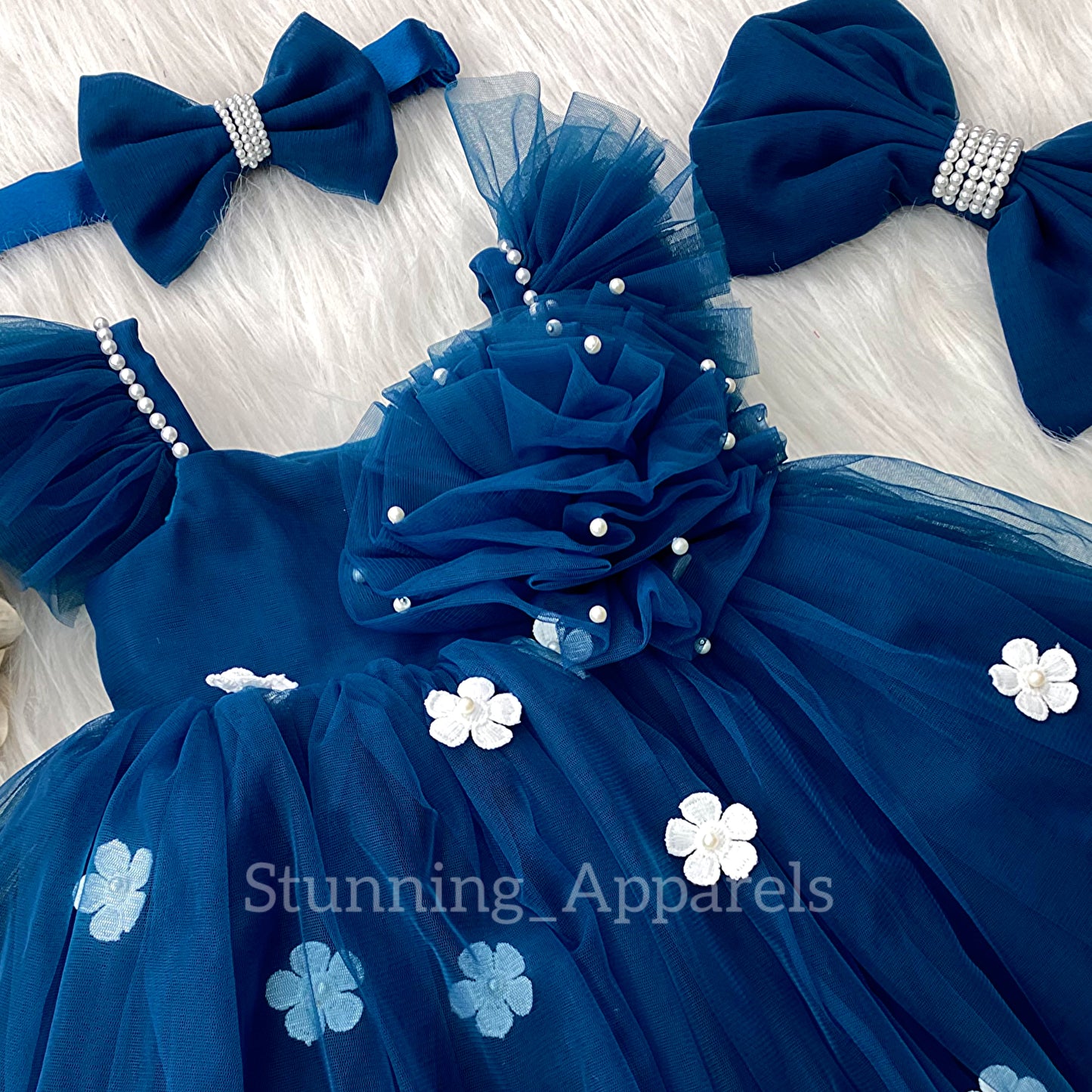 White Flower Work Strapped Sleeves Teal Blue Frock